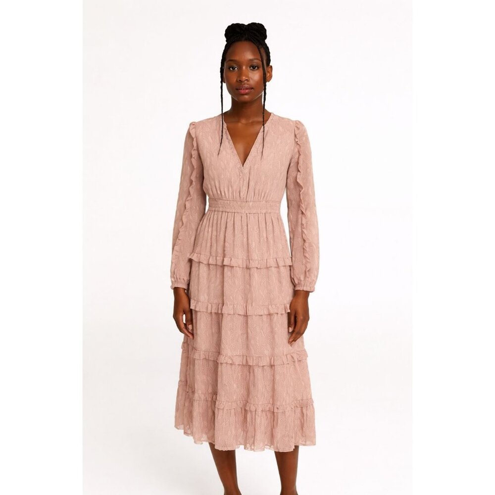 Storia Blush V Neck Long Sleeve Tiered Midi Dress Small
